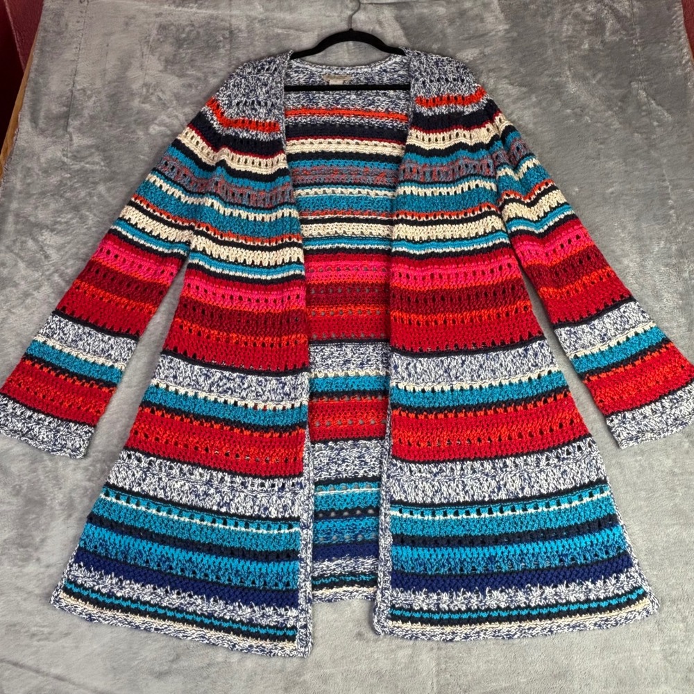 Lucky Brand Cardigan Women XL Multi Color Crochet Stripe Boho Longline Open Knit